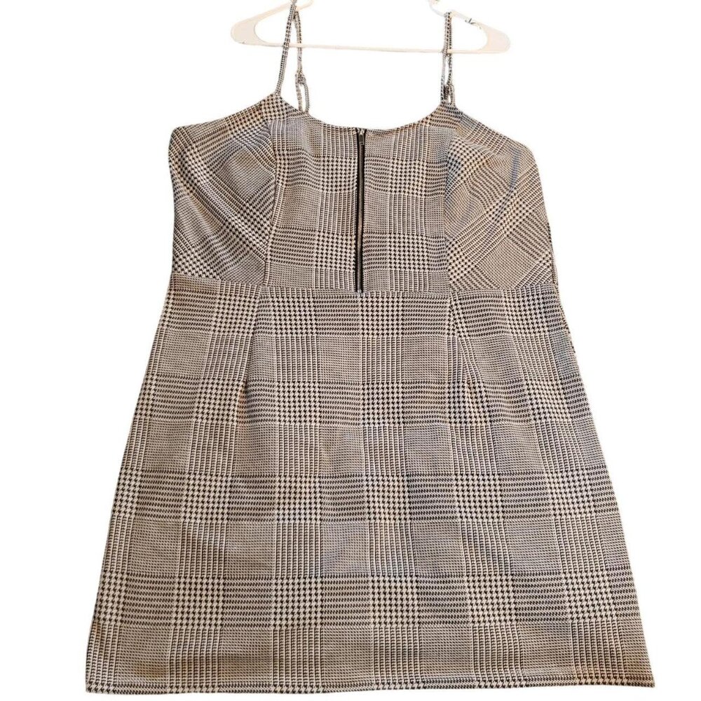 No Boundaries White Black Houndstooth Checkered Strap Zipper Dress Academia Punk